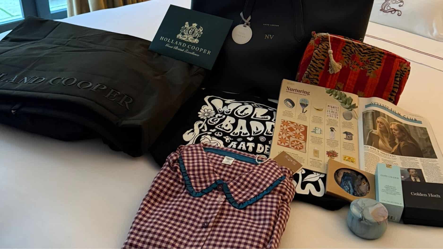 Assorted clothing and accessories displayed.